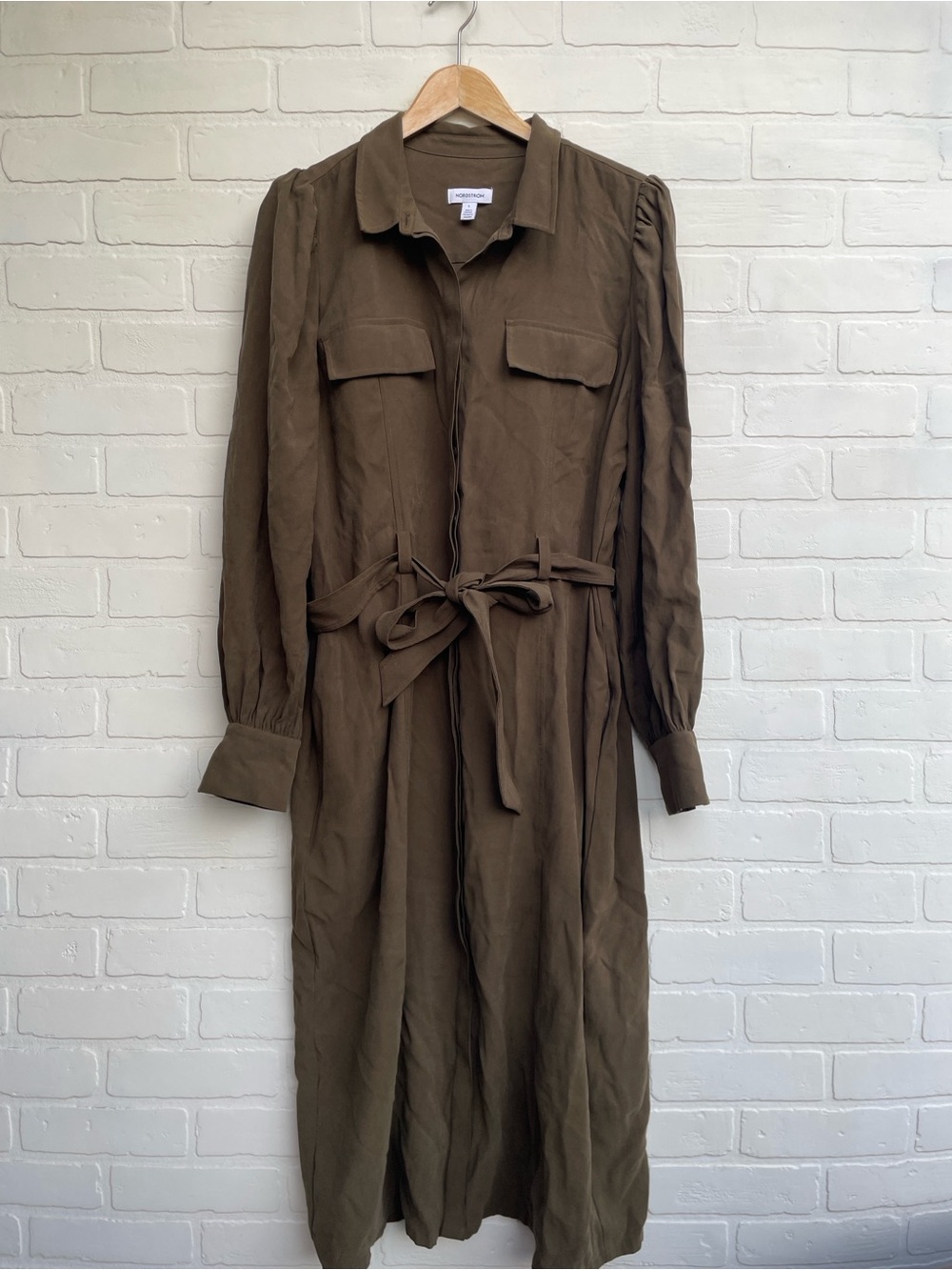Nordstrom’s Long Sleeve Shirt midi Dress with Tie Waist Olive green
